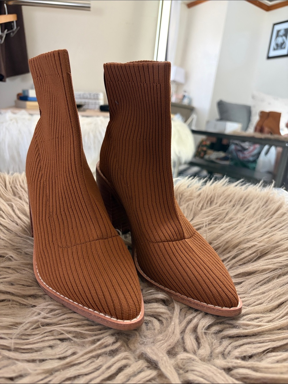 STEVEN New York Ribbed Knit Pointed Toe Ankle Boots in Brown